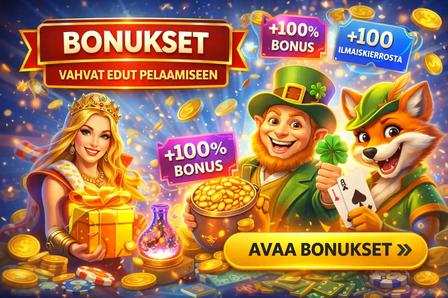 Nettikasino bonukset banneri tervetuliaisbonuksella ja ilmaiskierroksilla