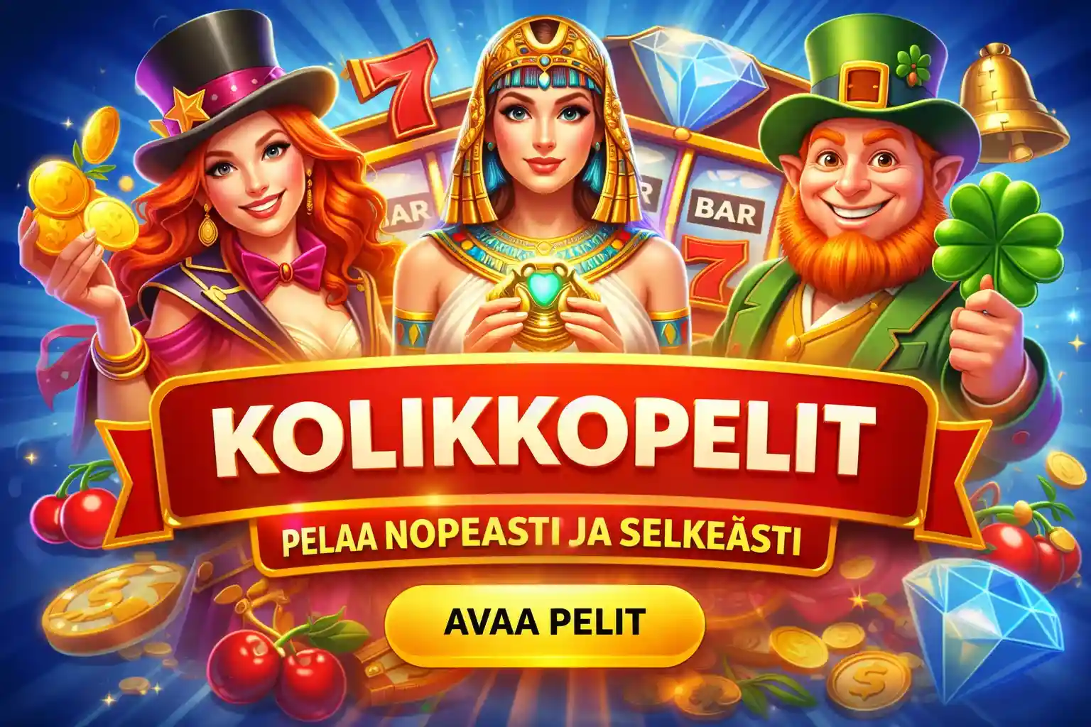 Kolikkopelit banneri nettikasinolla hedelmäpelien ja kasinoteemojen kanssa