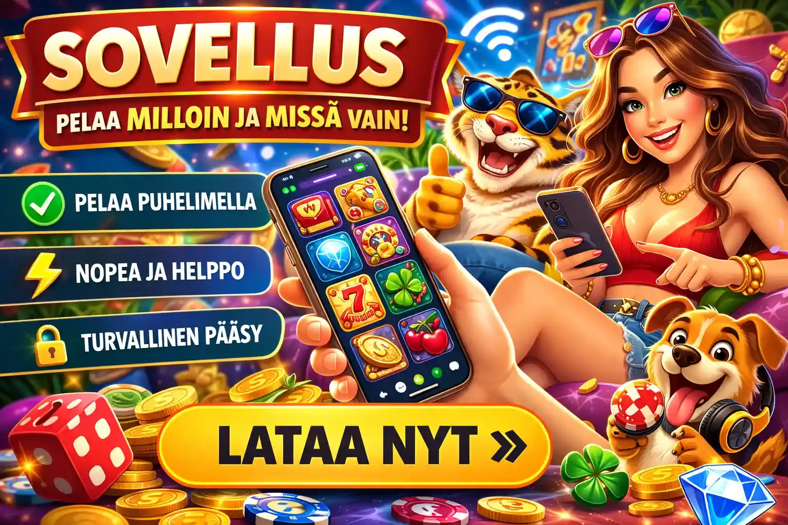 Mobiilikasino sovellus banneri pelaamiseen puhelimella missä tahansa Suomessa